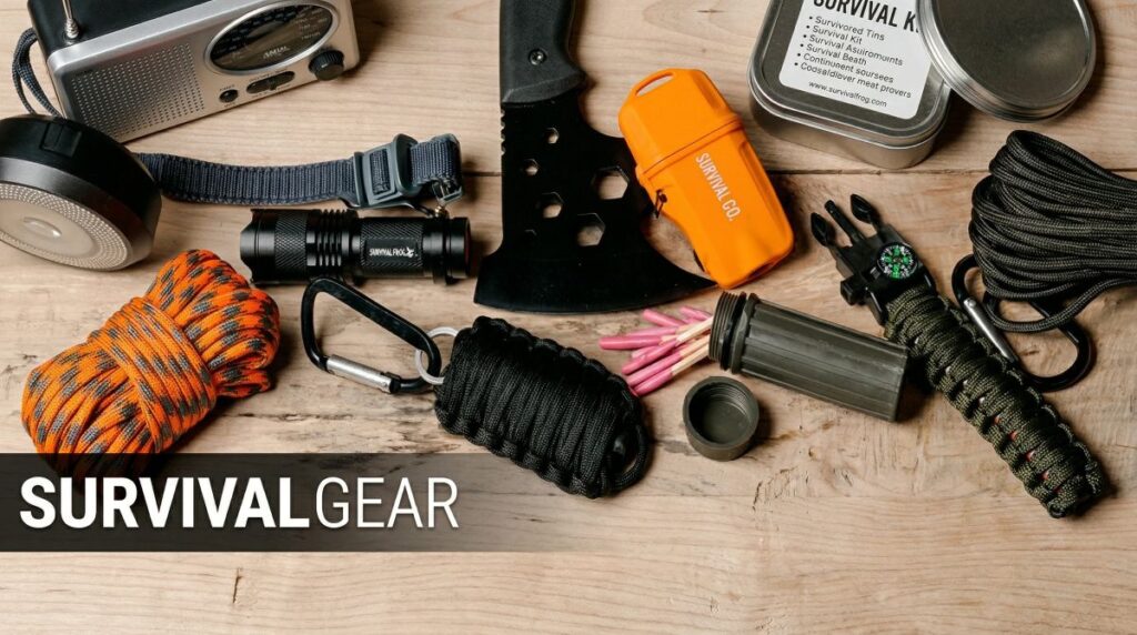 Survival Frog gear including flashlight paracord and emergency tools