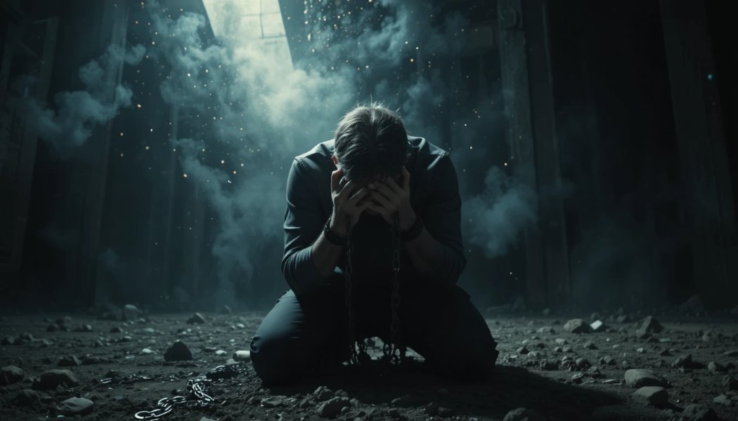 A believer battling temptation and sin while reaching for God’s mercy