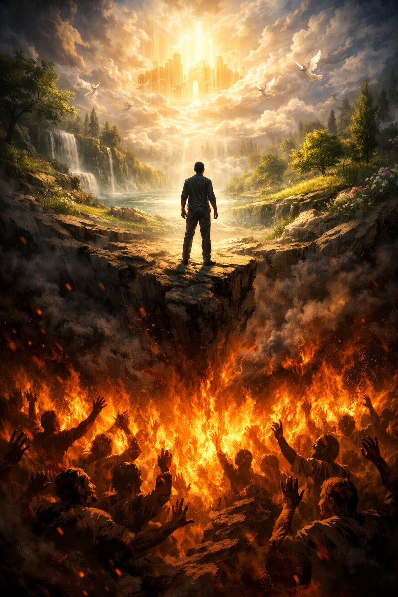 A man standing at the edge of eternity, with heaven and paradise above and the fire of hell below, illustrating the eternal choice between salvation and judgment
