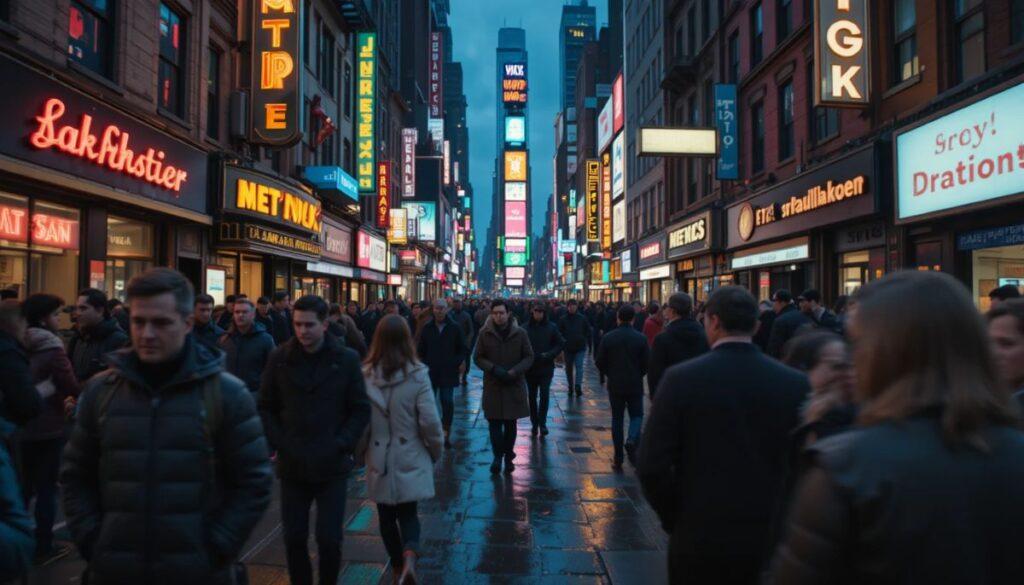 Crowded city street with blurred movement, symbolizing cultural confusion in America.
