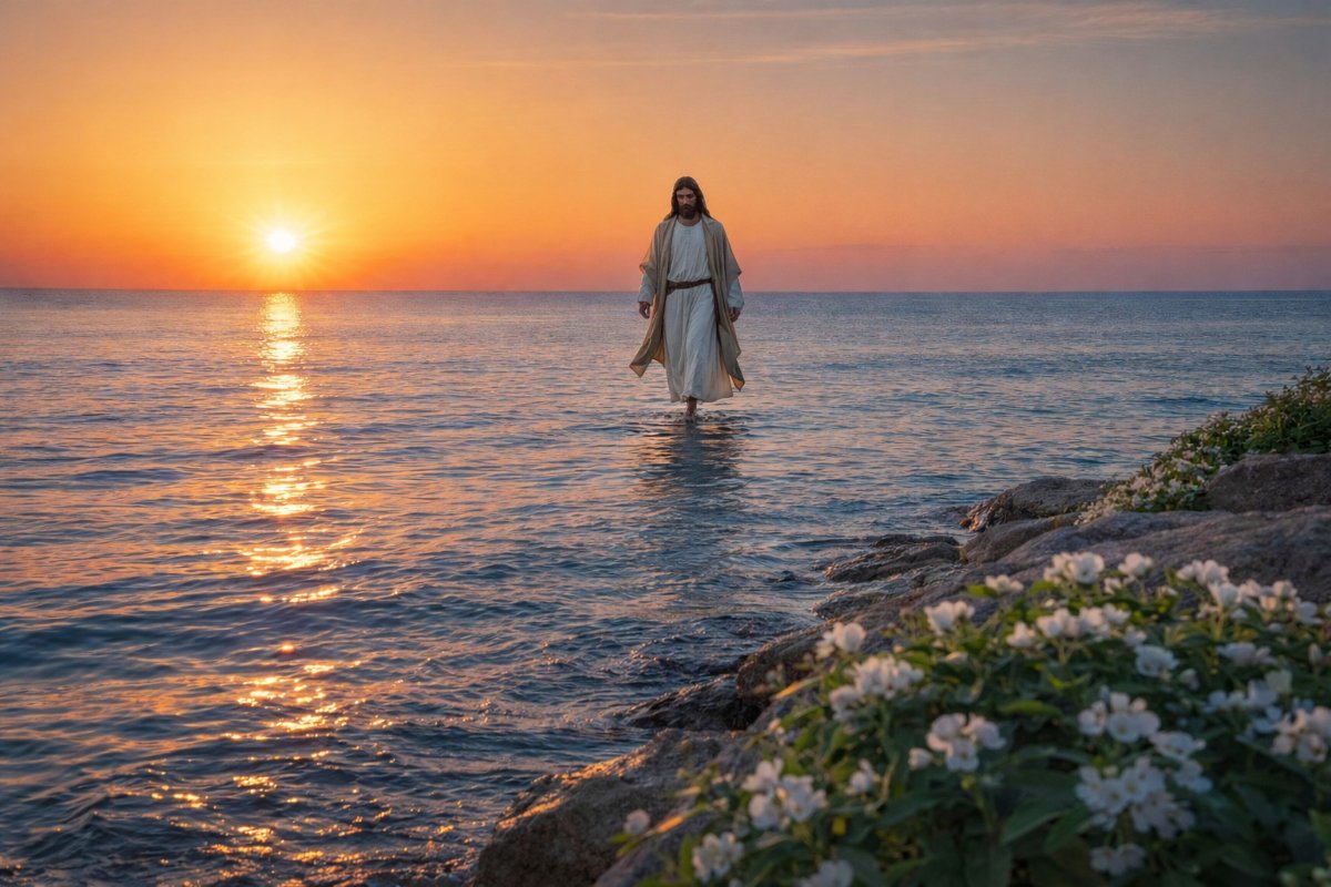 Jesus walking on calm ocean water at sunrise, symbolizing peace, trust, and faith over anxiety