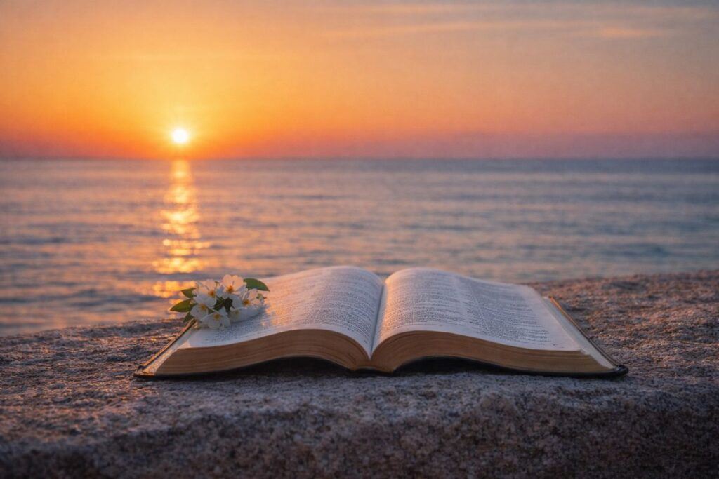Open Bible resting on stone by the ocean at sunrise, symbolizing peace and grounding anxiety in God’s Word