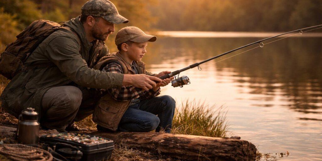 Father teaching his child to fish as a skill-based and faith-centered approach to preparedness
