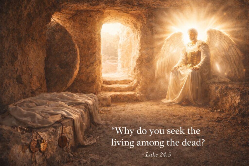 Radiant angel inside the empty tomb with stone rolled away and burial cloths remaining, symbolizing the resurrection of Jesus Christ