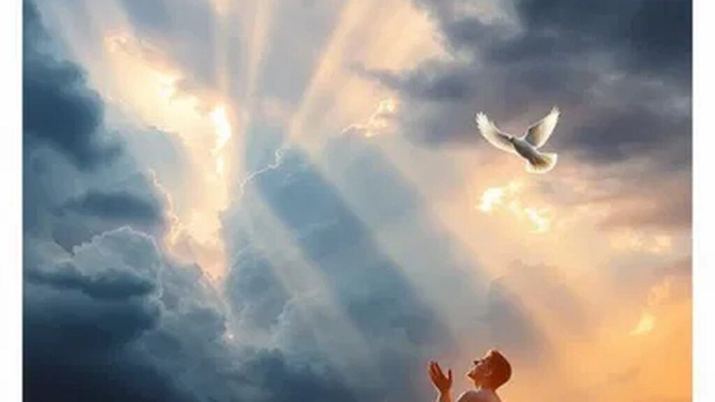 Person praying as light breaks through storm clouds symbolizing hope in Christ