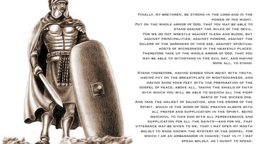 Illustration of the whole armor of God representing spiritual preparedness and faith