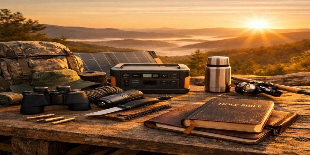 Family preparedness gear at sunrise including binoculars, solar generator, fishing rod, backpack and Bible representing practical and spiritual readiness