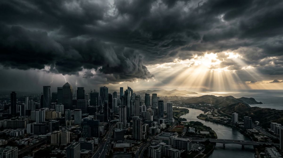 Dark storm clouds gathering over a modern city symbolizing world turmoil and biblical prophecy about the last days