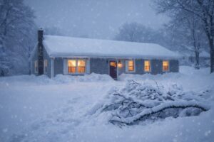 snow covered ranch home during winter storm with warm light in windows symbolizing peace during the storm
