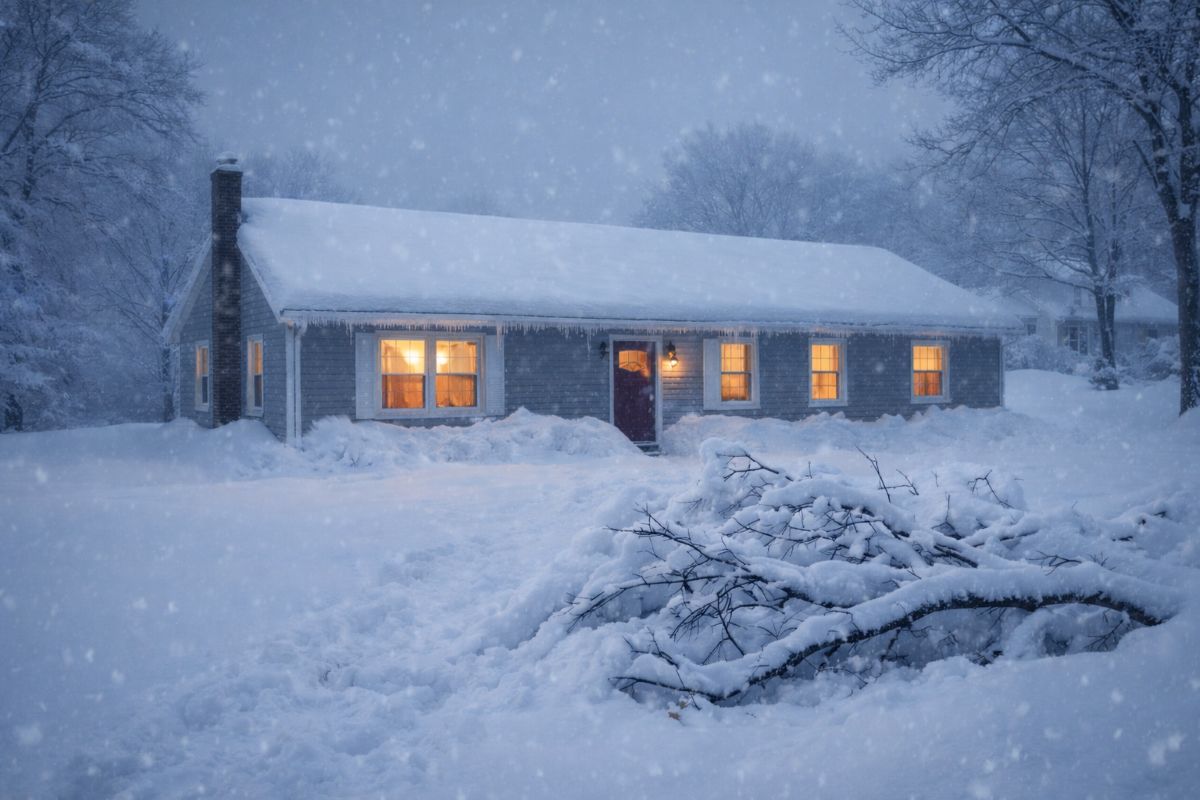 snow covered ranch home during winter storm with warm light in windows symbolizing peace during the storm