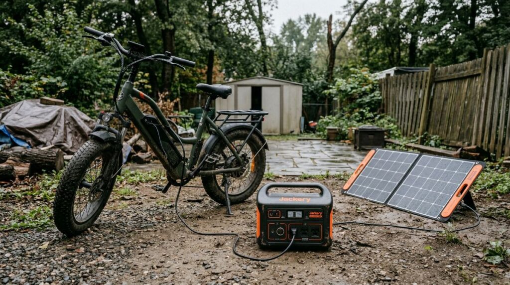 Jackery solar generator charging an electric bike in an off-grid preparedness scenario