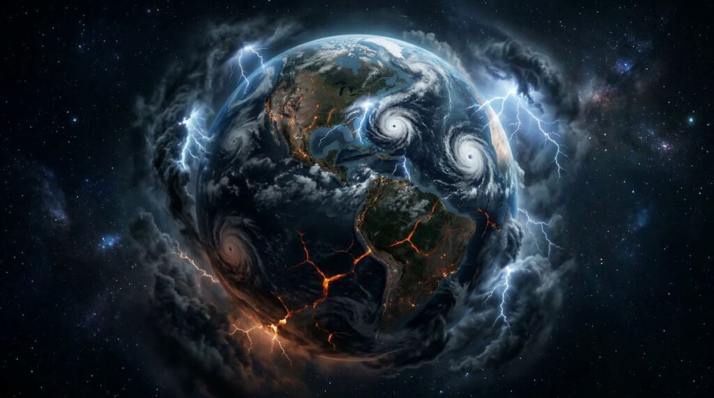 Symbolic image of the earth experiencing storms and earthquakes representing the birth pains Jesus described in Matthew 24