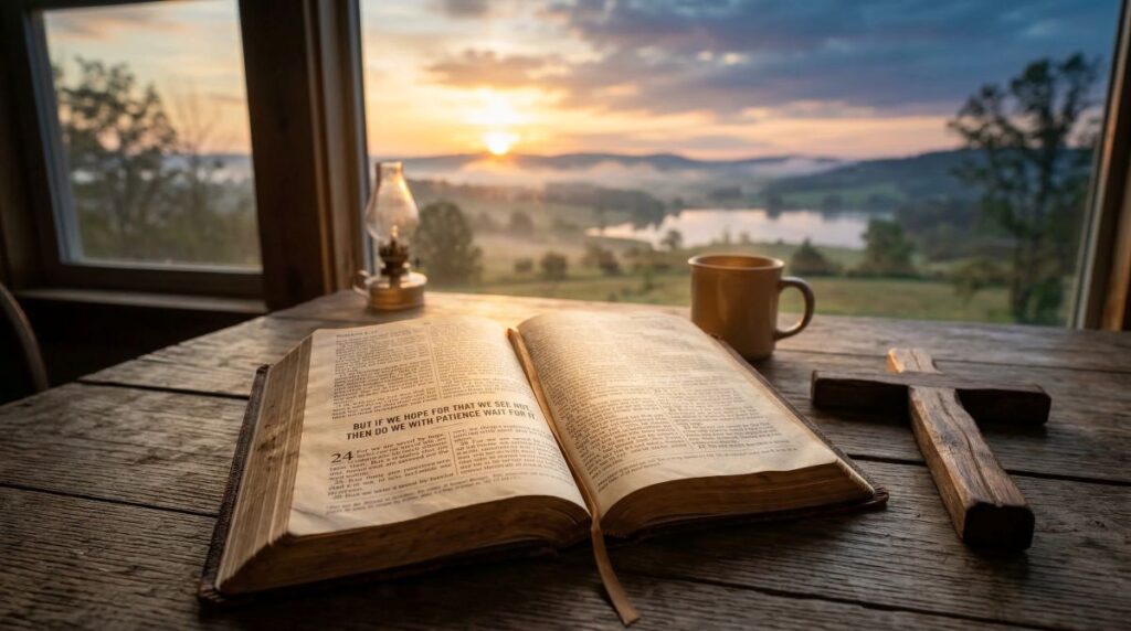 Open Bible and cross at sunrise symbolizing salvation and spiritual readiness for the return of Jesus Christ