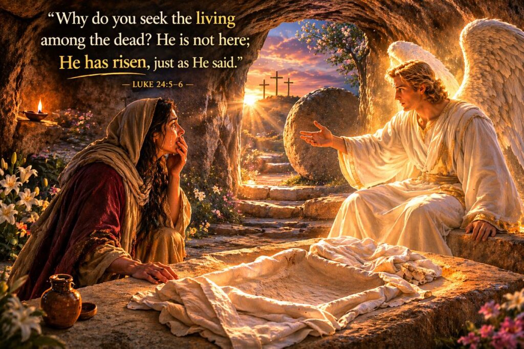 Angel sitting inside the empty tomb speaking to Mary Magdalene with folded burial cloths visible, representing the resurrection of Jesus