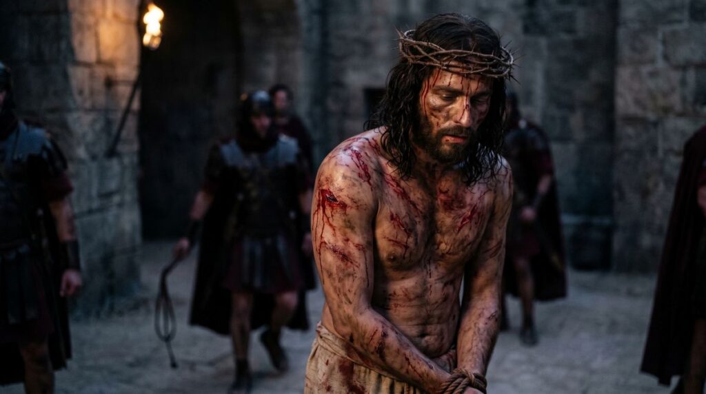 Jesus Christ after scourging wearing a crown of thorns, bruised and wounded, reflecting the suffering He endured before the crucifixion
