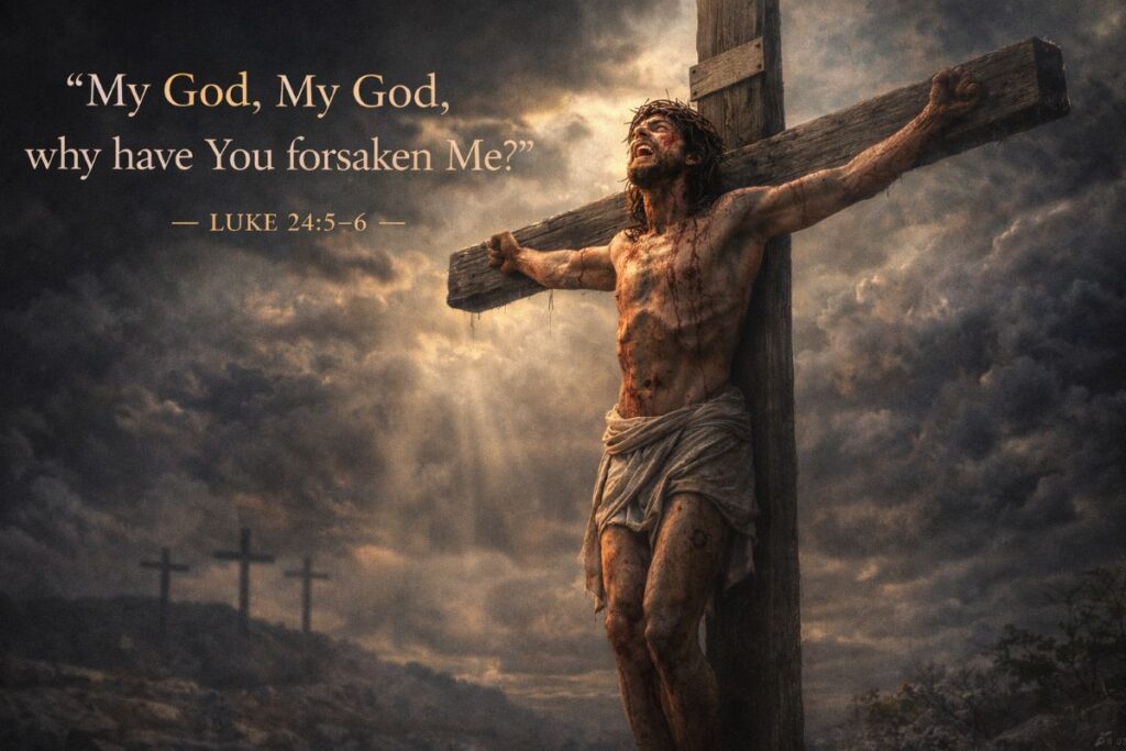 Jesus Christ hanging on the cross under a darkened sky with a crown of thorns, expressing anguish and sacrifice during the crucifixion