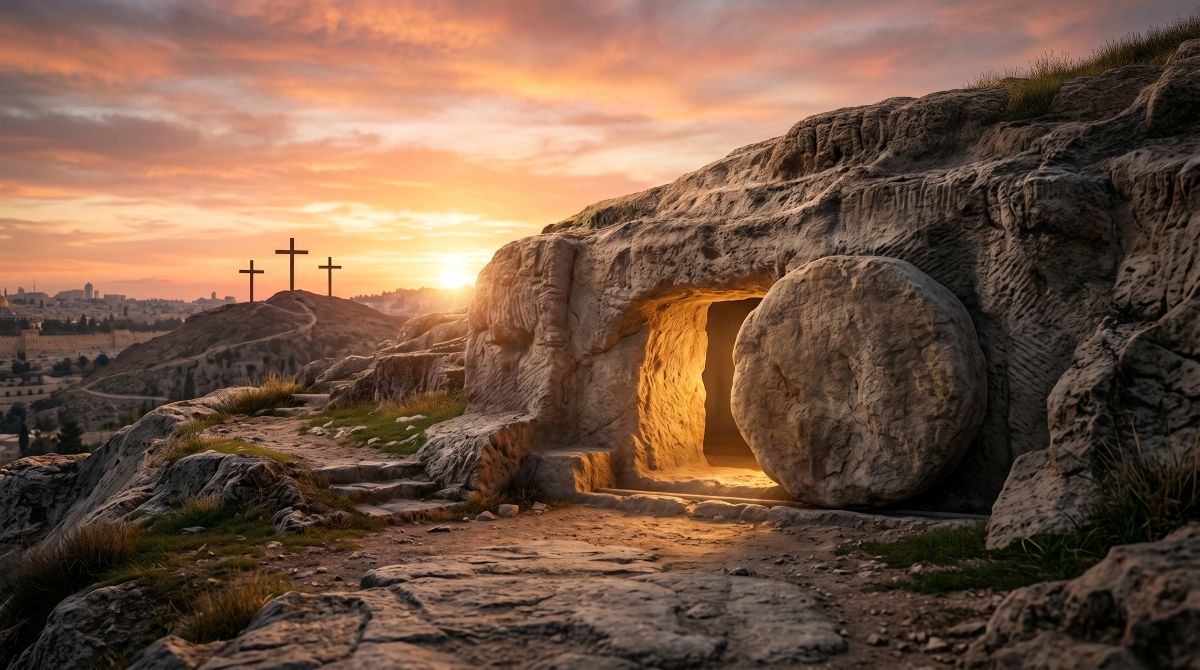 Empty stone tomb at sunrise with rolled-away stone and three crosses on a hill in the distance, symbolizing the resurrection of Jesus Christ