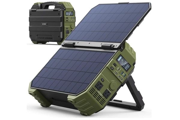 Green BROWEY 1600W portable power station with integrated foldable solar panels displayed in open and closed positions.