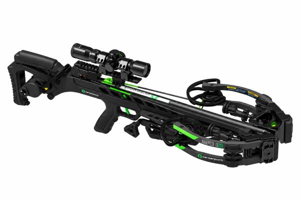CenterPoint Amped G2D compound crossbow with mounted scope, black and green finish, and integrated cocking system.