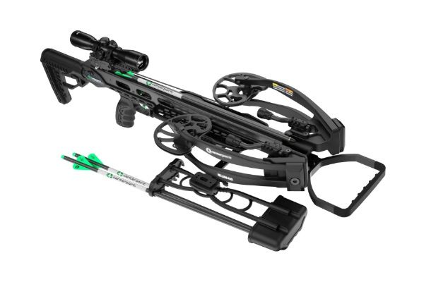 CenterPoint Hellion 400 compound crossbow with mounted scope, adjustable stock, arrow quiver, and green-fletched arrows on a white background.