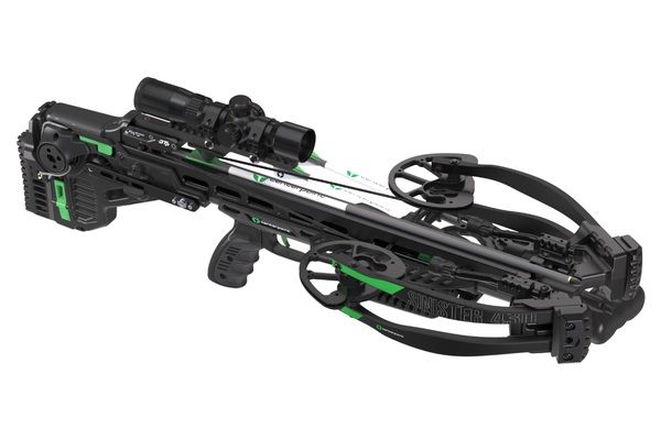 CenterPoint Sinister 430D compound crossbow in black and green with mounted scope and adjustable stock.