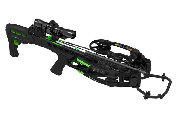 CenterPoint Sniper G4D crossbow with mounted scope, adjustable stock, detachable crank, and black and green finish.
