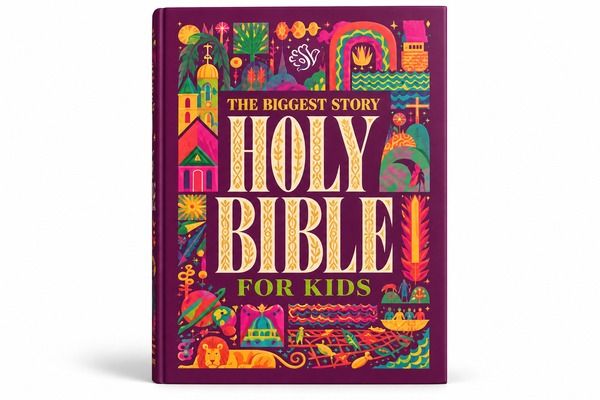 Colorful purple hardcover ESV The Biggest Story Holy Bible for Kids, featuring illustrated biblical artwork and study resources for ages 6-12.