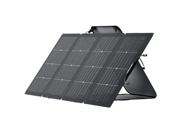 EcoFlow 220W bifacial portable solar panel unfolded with its integrated kickstand on a white background.