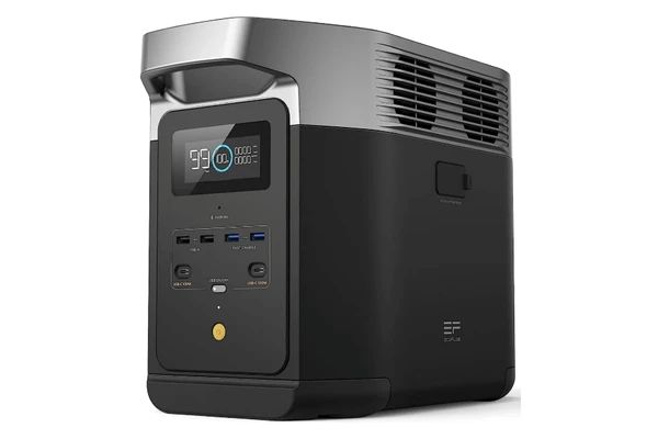 Black and silver EcoFlow DELTA 2 portable power station with digital display, USB charging ports, and integrated carrying handle.