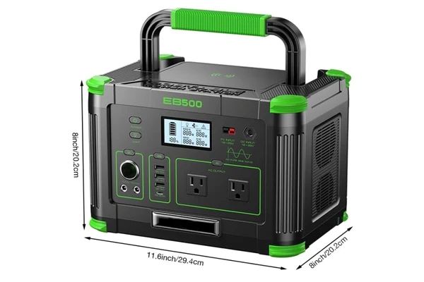 Black and green GRECELL EB500 portable power station with carrying handle, digital display, two AC outlets, and USB charging ports.
