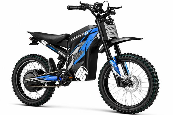HappyRun G300 Pro electric dirt bike in blue and black with knobby off-road tires, front suspension, and rugged motocross-style frame on a white background.