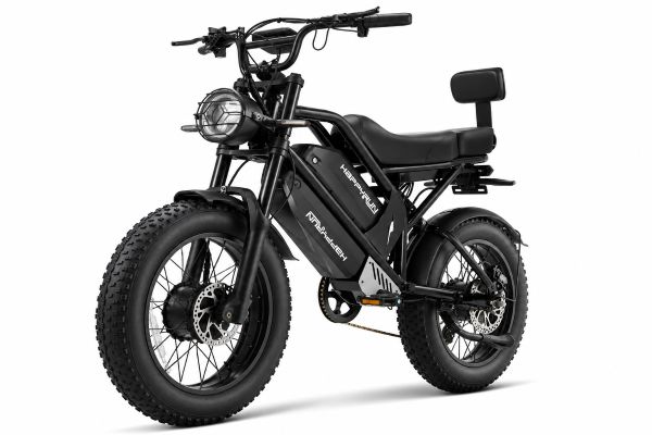 Black HappyRun G70 Pro electric cargo bike with dual batteries, fat tires, front headlight, and extended seat with backrest.