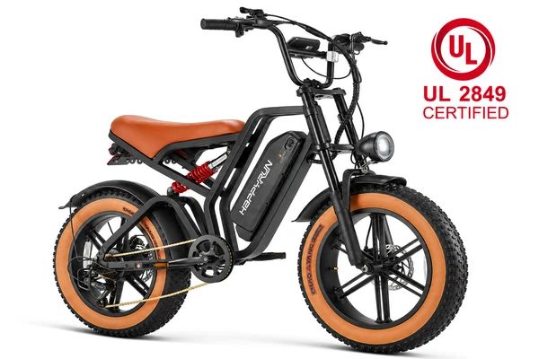 HappyRun Tank G60 electric bike with black frame, tan fat tires, brown saddle, red rear suspension, and front headlight on a white background.