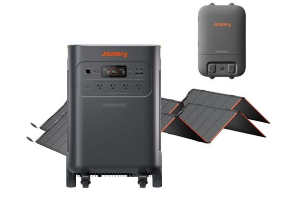 Jackery 5000 Plus solar generator with solar panels and smart transfer switch.