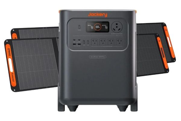 Jackery HomePower 3600 Plus portable power station displayed with folding solar panels.