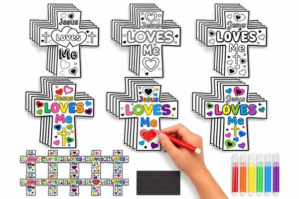 Christian children's craft kit featuring 30 Jesus Loves Me cross-shaped coloring cards, colorful crayons, and magnetic strips for Sunday school activities.