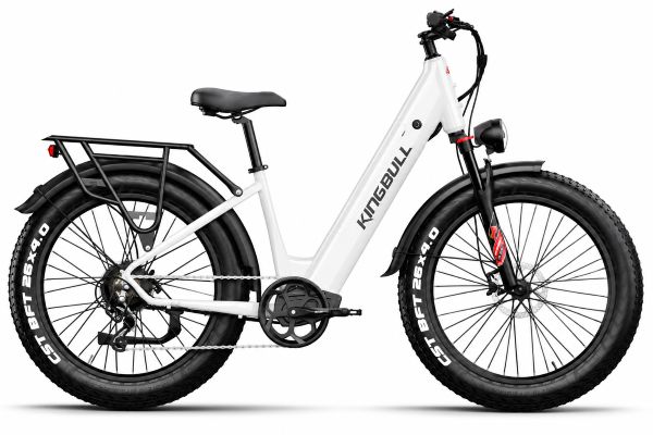 White Kingbull Discover ST 2.0 electric bike with fat tires, front suspension, and rear cargo rack.