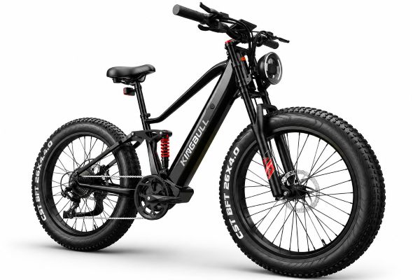 Black Kingbull Rover 2.0 electric mountain bike with fat tires, full suspension, and front headlight.