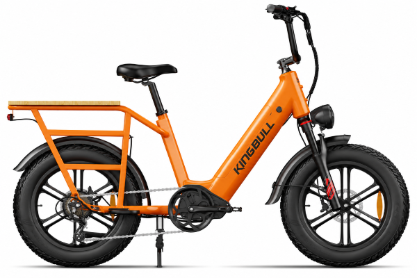 Orange Kingbull Voyager 2.0 electric cargo bike with fat tires, step-through frame, and extended rear cargo rack.
