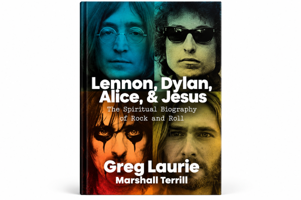 Lennon, Dylan, Alice, and Jesus book cover by Greg Laurie featuring legendary rock musicians.