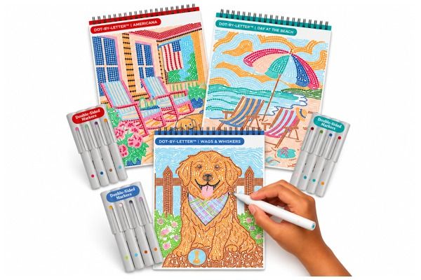 Lifelines FlowArt three-pack activity set featuring colorful dot-by-letter coloring pads with beach, Americana, and dog designs, plus double-sided markers.