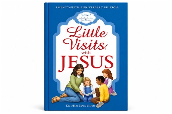 Blue hardcover Little Visits With Jesus devotional book featuring an illustration of Jesus with children and Bible-based lessons for young readers.
