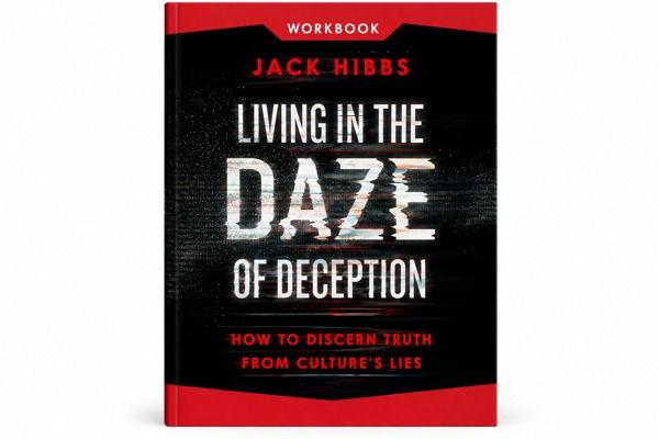 Black and red cover of Living in the Daze of Deception Workbook by Pastor Jack Hibbs, a Christian study guide about biblical discernment and recognizing deception.