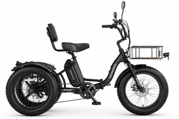 Mooncool FT1 off-road electric trike in matte black with fat tires, padded seat and backrest, and front cargo basket.