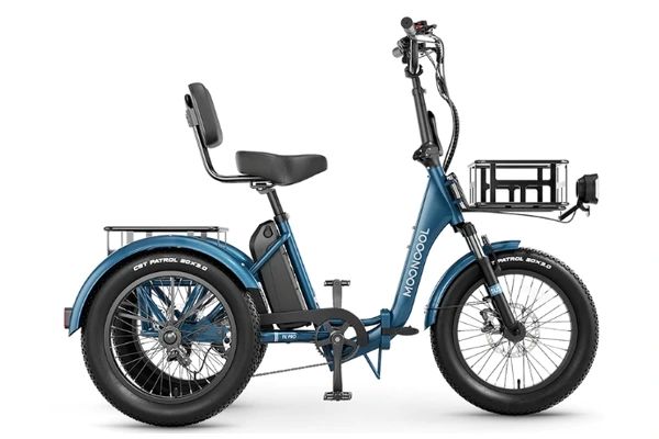 Blue Mooncool TK Pro folding electric cargo trike with three fat tires, padded seat, backrest, and front cargo basket.