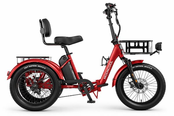 Burgundy Mooncool TK2 Pro folding electric trike with three fat tires, padded seat, backrest, and front cargo basket.