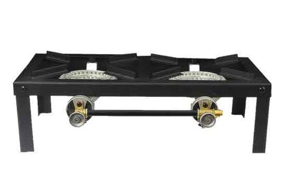 Mr. Heater double burner propane camping stove with black angle iron frame, two 15,000 BTU burners, and adjustable legs.