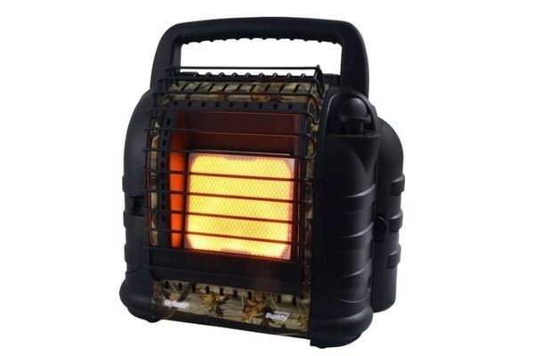 Heater Hunting Buddy portable propane heater with glowing heating element, protective front grille, and carrying handle.