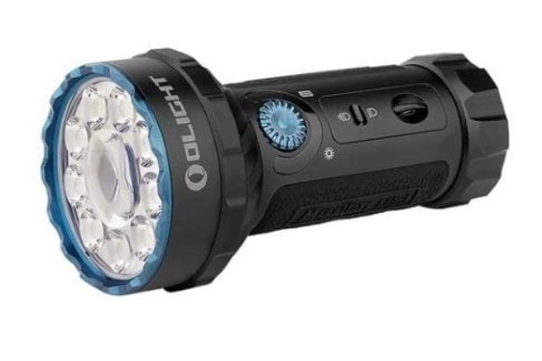 Black Olight Marauder Mini rechargeable 7000-lumen flashlight with blue accents and multiple LED lights.