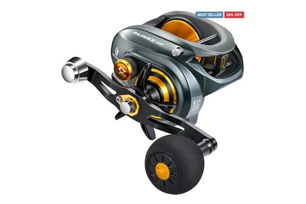 Piscifun AlinoX 400 baitcasting fishing reel in gray and gold with aluminum frame, bait clicker, and power handle.